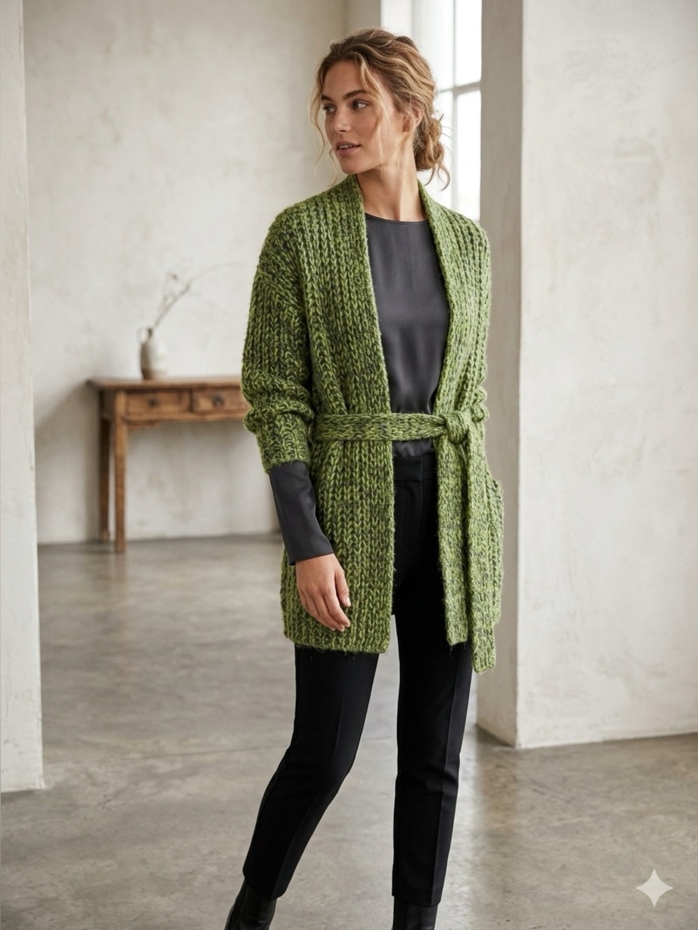 MaxMara Olive Green Chunky Knit Belted Cardigan